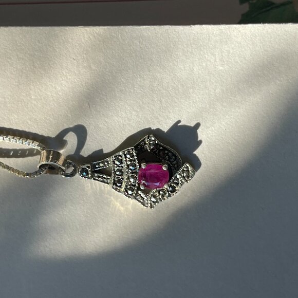 Vtg. Solid 925 Marcasite Pendant w Natural Ruby on a Solid Sterling Box Chain - Picture 7 of 16
